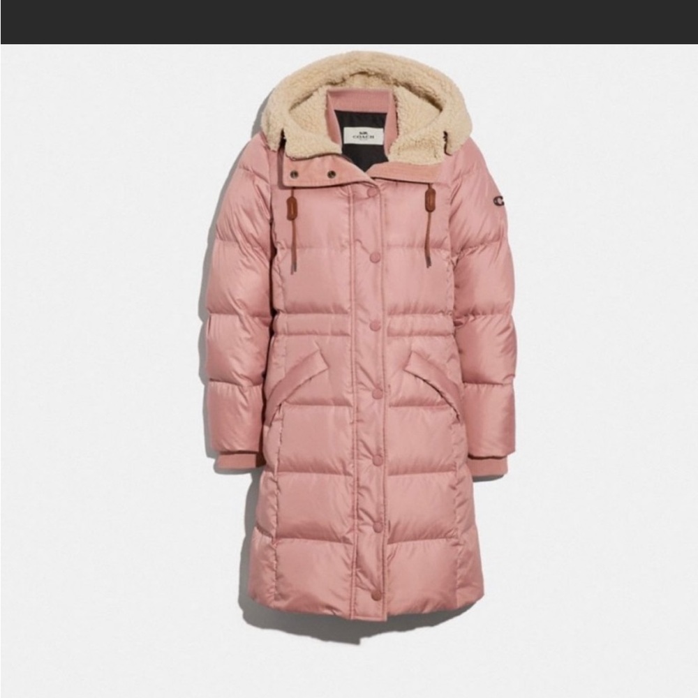 NWT COACH Long Puffer Coat with Faux Shearling  - Pink, Small